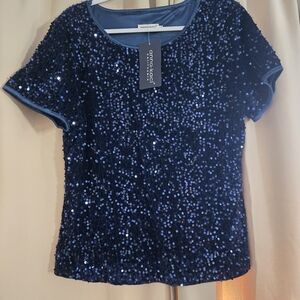 Amar Kosa Navy Sequin Short Sleeve Top